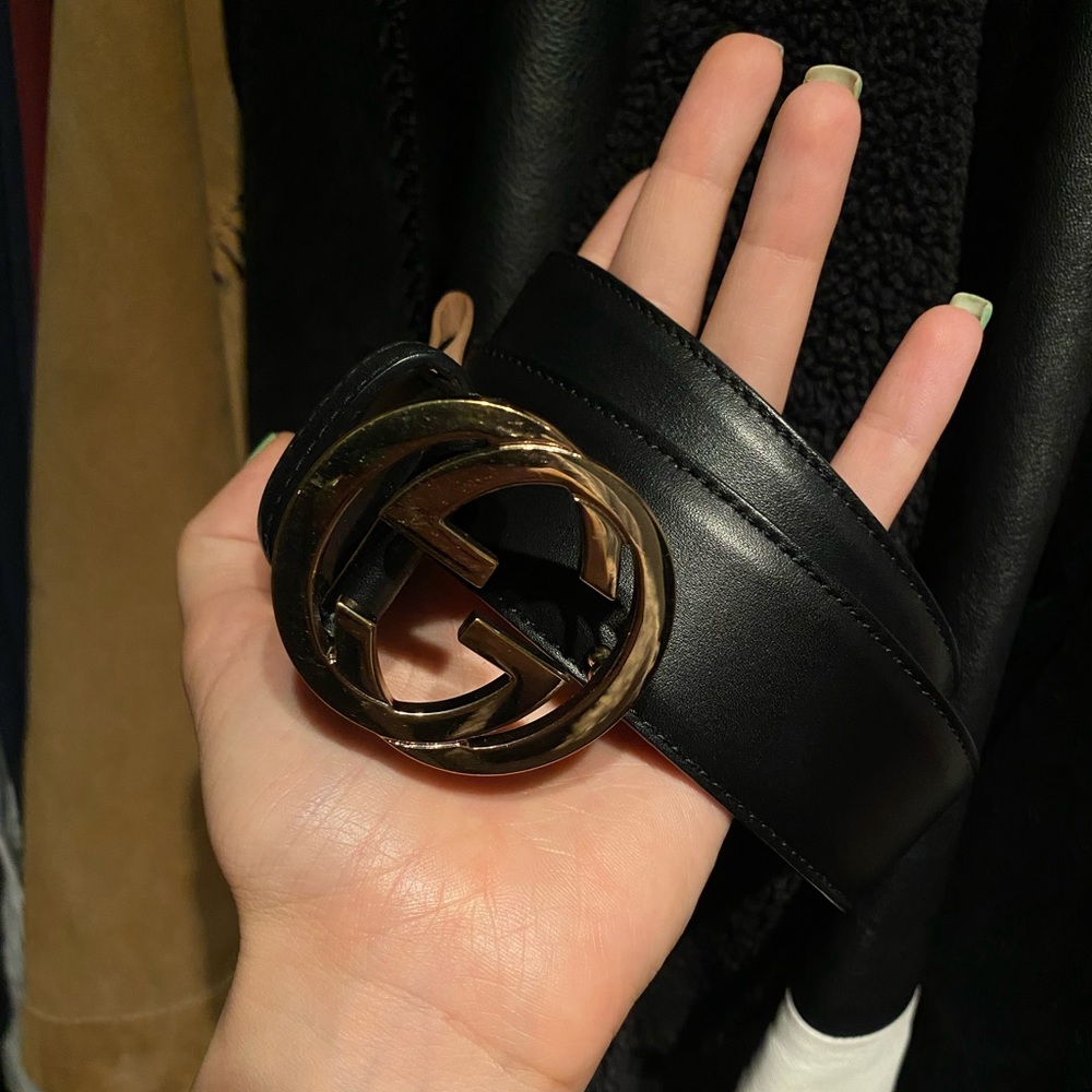 Gucci belt with interlocking G, Signature leather, Black and Gold